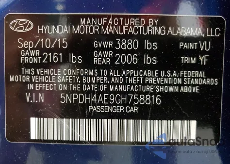 2016 Hyundai Elantra Se from USA, damaged, VIN 5NPDH4AE9GH758816